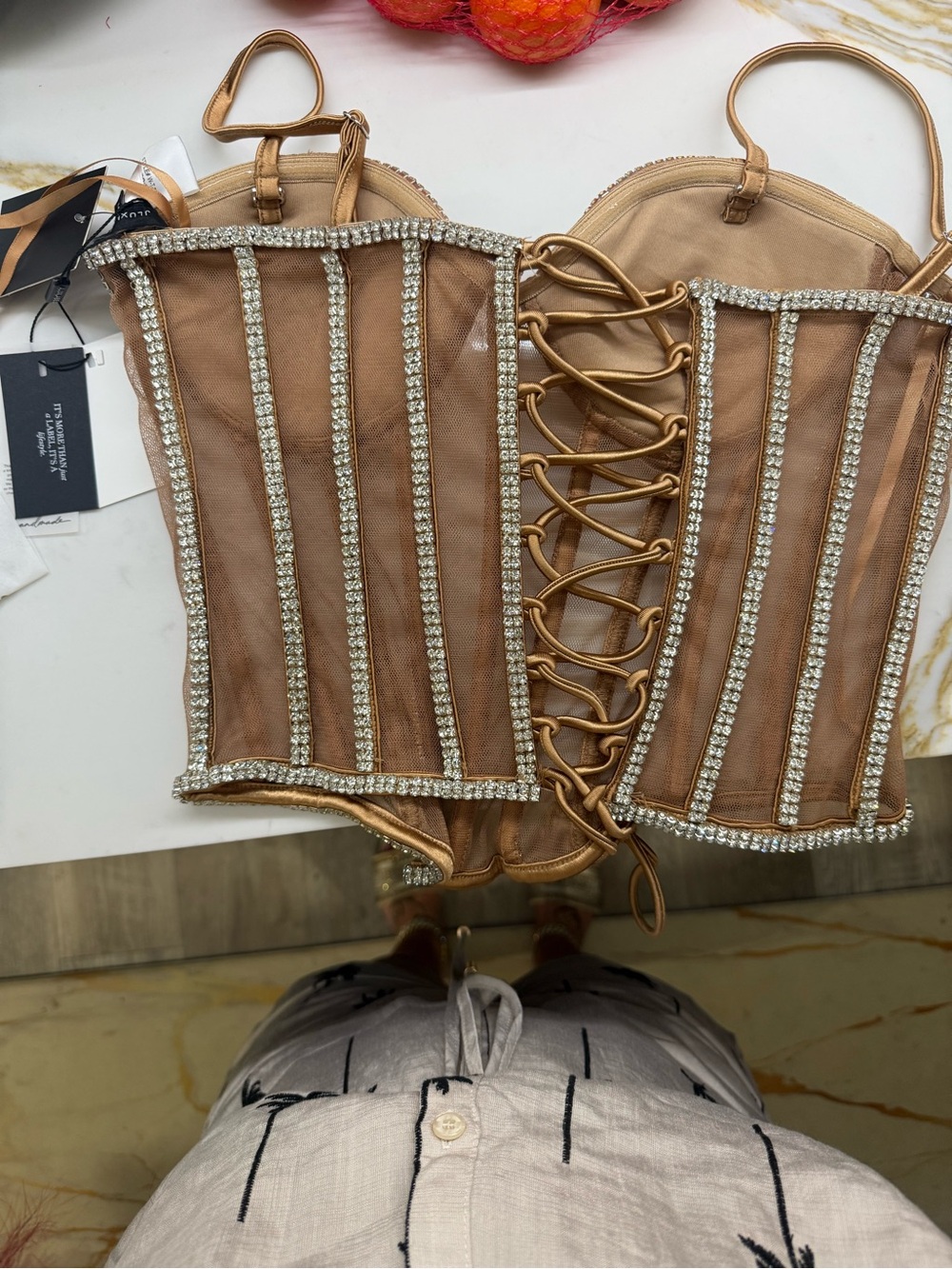 JLUXLABEL Nude Beaded Sheer Corset Crop Top - Picture 3 of 6
